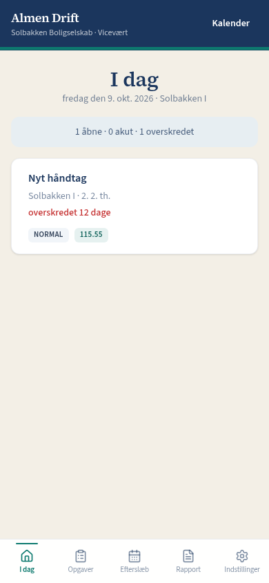 Appens I dag-visning på telefon med viceværtens åbne opgaver